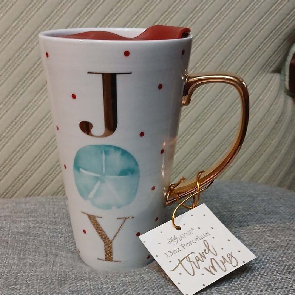 New JOY  Porcelain Travel Mug with Gold Handle. Lady Jayne.